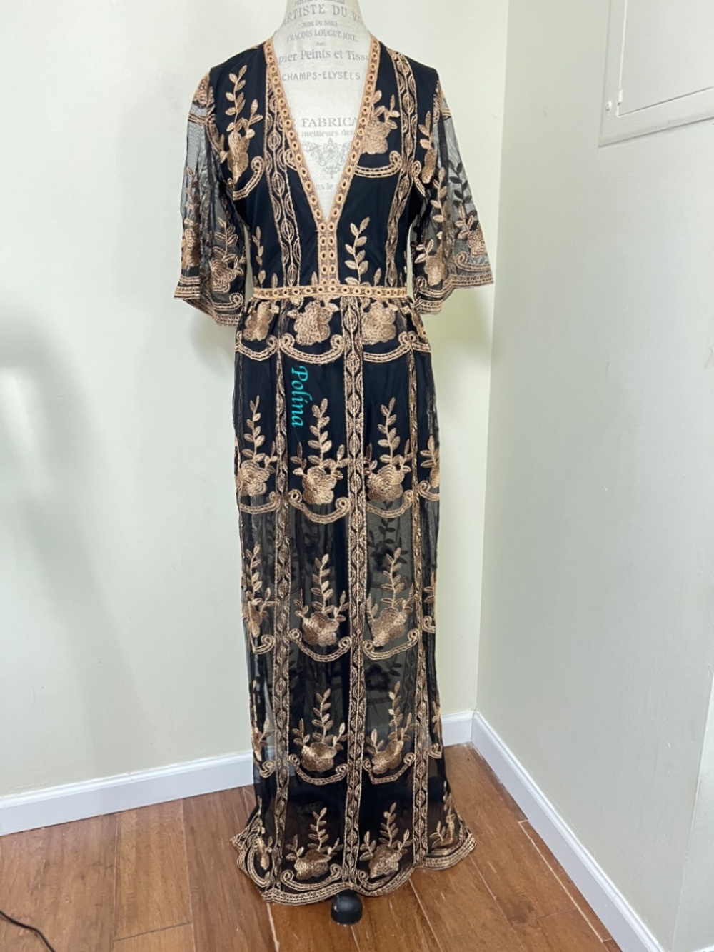 VENUS Black Dress w/Slit Gold Embroidered Mesh Maxi Fit & Flare Lined-Shorts S14